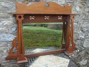 Arts & Craft oak Overmantle/copper butterllies