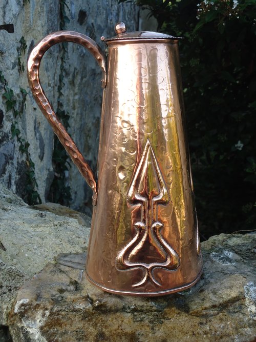 Arts & Crafts Cornish school copper lidded jug