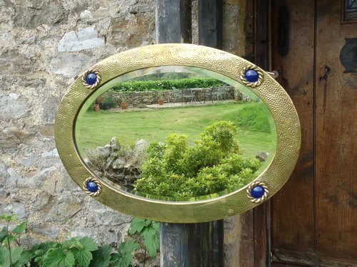 Arts & Crafts Oval Brass Mirror with roundels