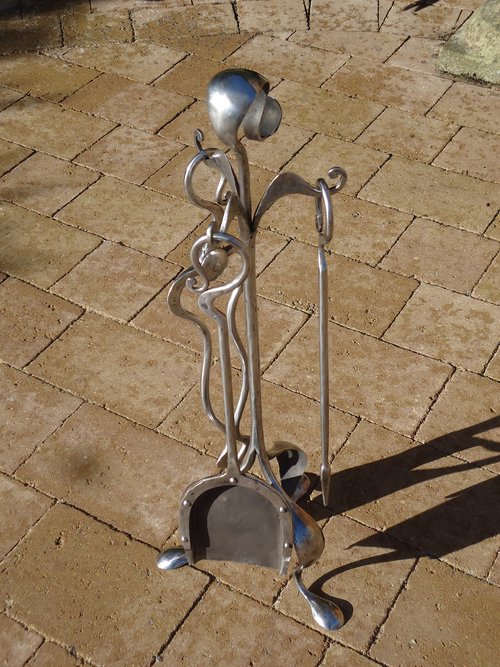 Arts & Crafts Steel fire tools on stand