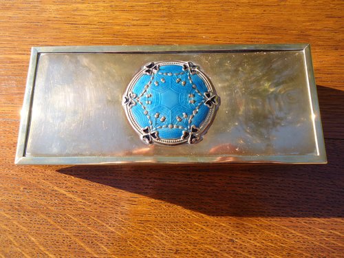 Arts & Crafts brass box with enamel cabochon