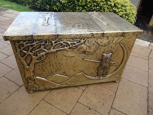 Arts & Crafts brass coal box with an owl to front.
