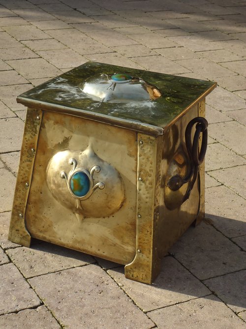 Arts & Crafts brass coal box with cabochons