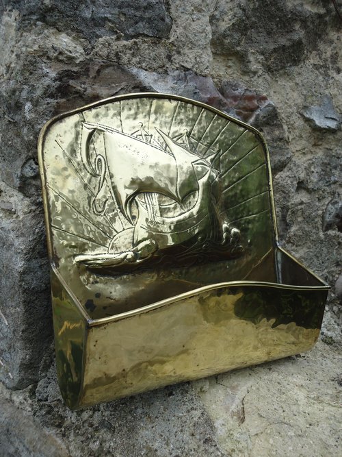 Arts & Crafts brass letter rack with galleon.