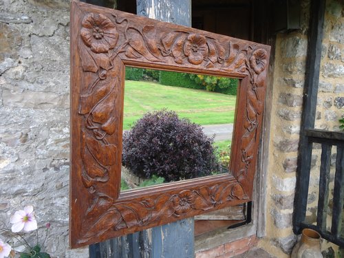 Arts & Crafts carved oak mirror - Simpson