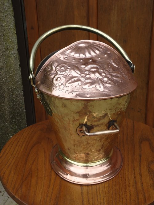 Arts & Crafts copper and brass coal bucket