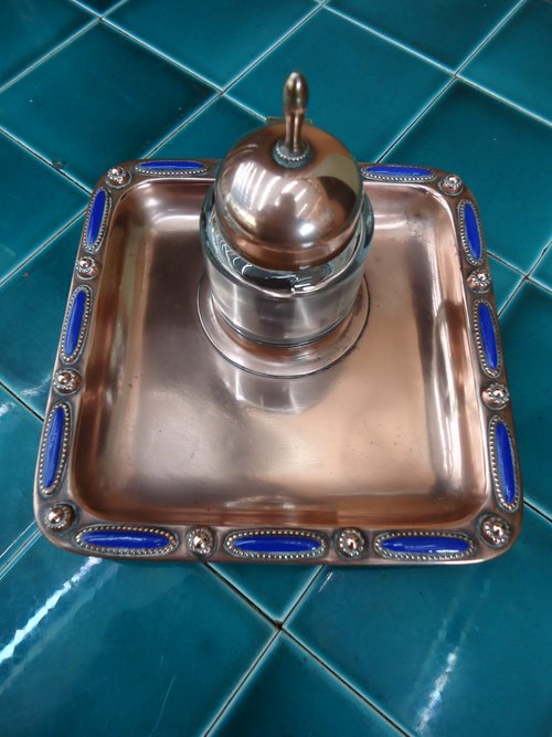 Arts & Crafts copper and enamel inkstand