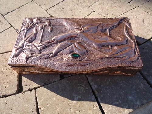 Arts & Crafts copper casket with swan and cabochon