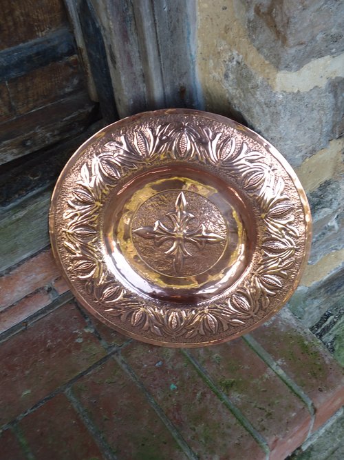 Arts & Crafts copper charger with seed pods