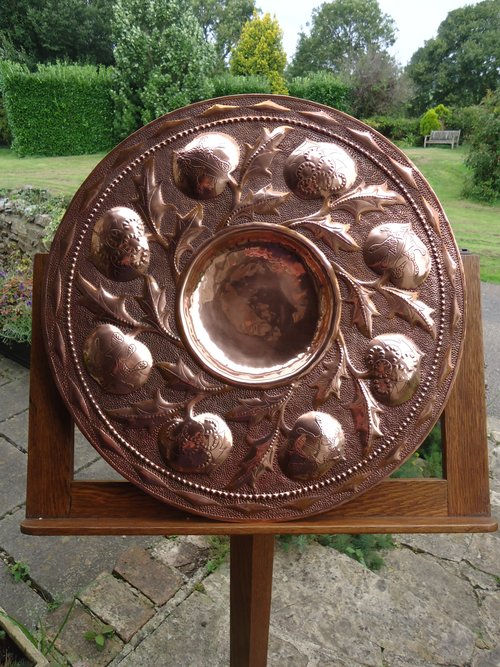 Arts & Crafts copper charger with pomegranates