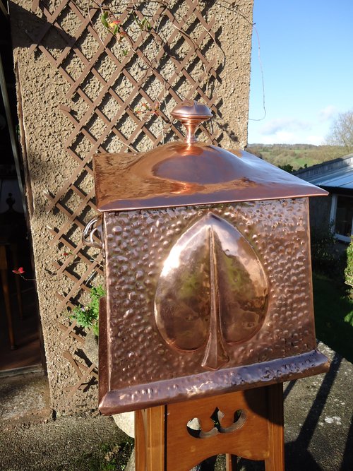 Arts & Crafts copper coal box with liner