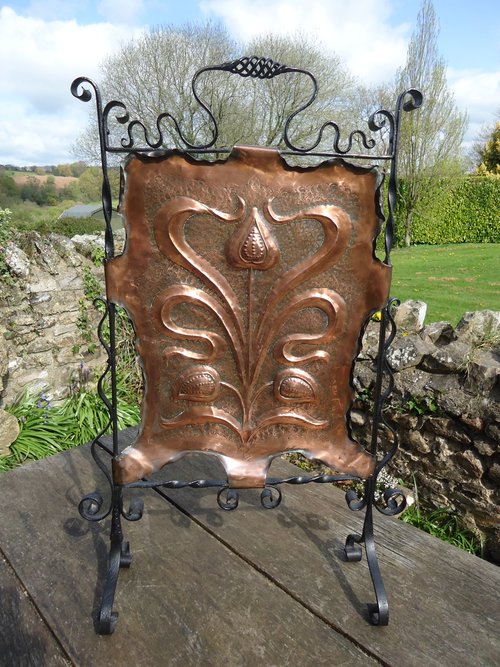 Arts & Crafts copper fire screen with hearts