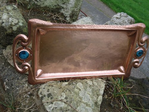 Arts & Crafts copper tray with Ruskin cabochons