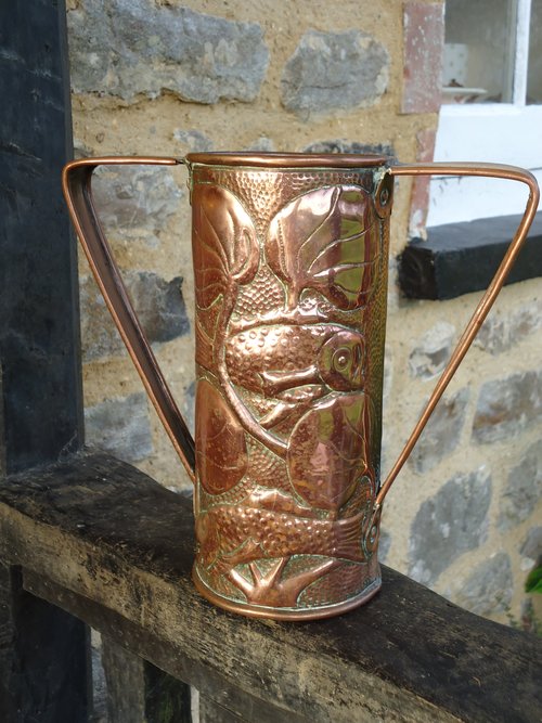 Arts & Crafts copper vase with fish. John Williams