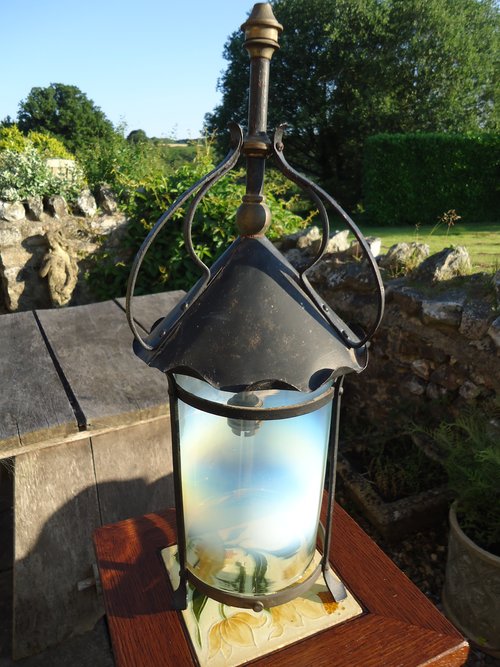 Arts & Crafts lantern with vaseline shade