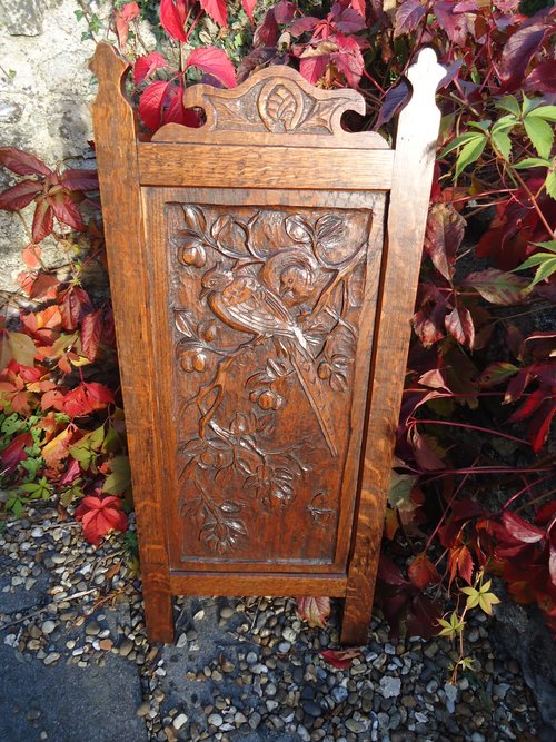 Arts & Crafts oak carved panel with birds