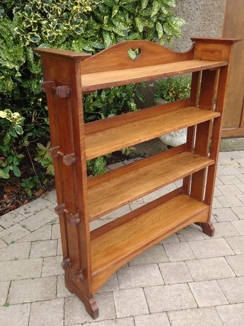 Arts & Crafts oak pegged bookcase with heart