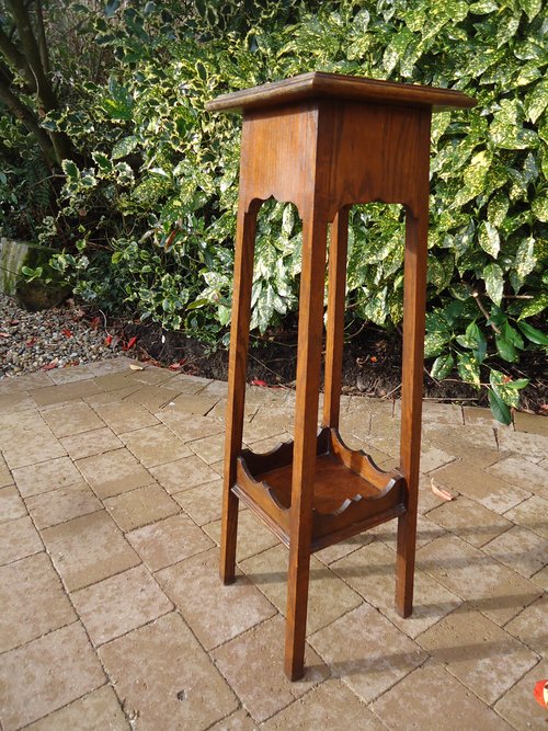 Arts & Crafts oak two tiered plant stand