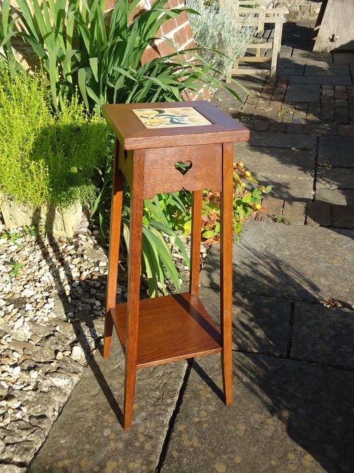 Arts & Crafts oak plant stand with tile. Liberty