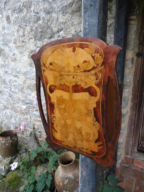 Arts & Crafts pokerwork cabinet with owl