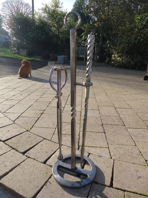 Arts & Crafts steel fire irons on stand - Carne