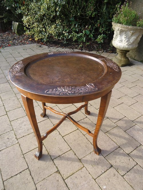 Arts & Crafts table with copper tray inset