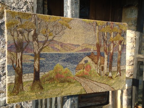 Arts & Crafts wool work Scottish scene panel