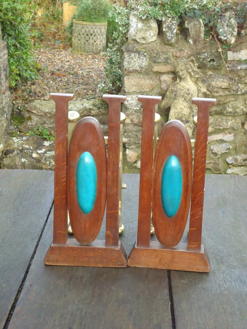 Fabulous Arts & Crafts Andirons with cabochons