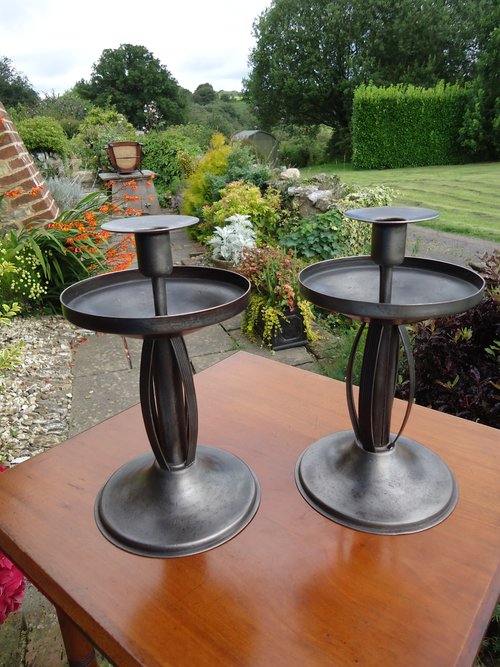 Good pair of Arts & Crafts steel candlesticks