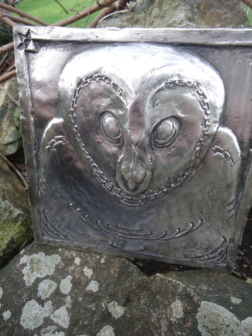Interesting Arts & Crafts Pewter owl plaque