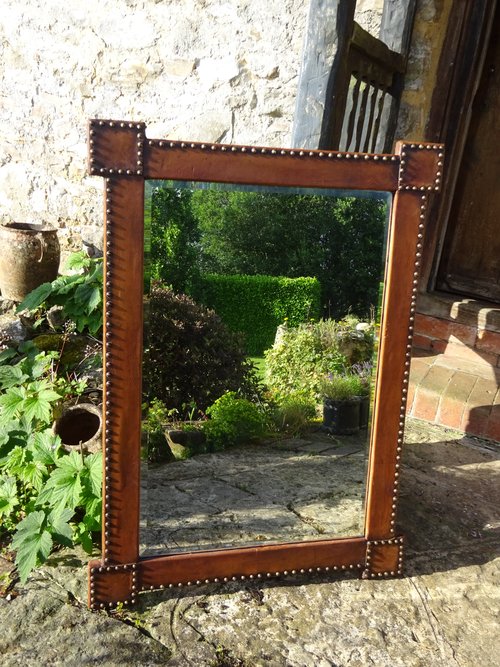 Large Arts & Crafts studded leather mirror