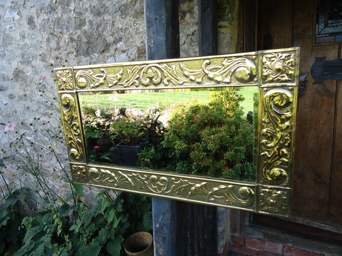 Lovely Arts & Crafts Brass mirror. Overmantle