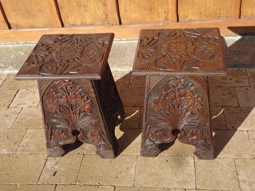 Lovely pair of small Arts & Crafts carved tables