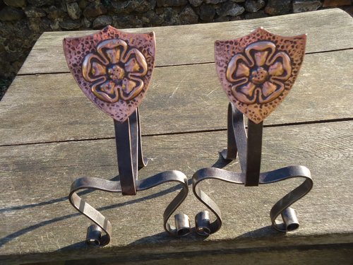 Pair of Arts & Crafts Andirons with copper shield