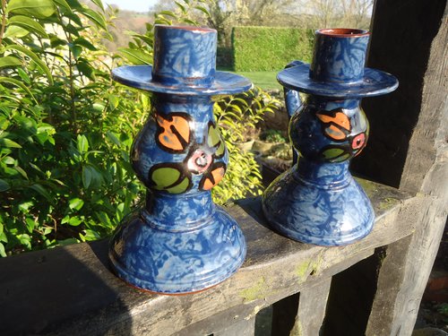 Pair of Arts & Crafts Torquay pottery candlesicks