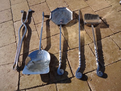 Rare set of 5 steel fire tools - Archibald Carne