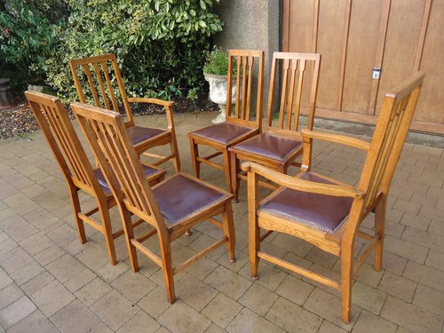 Set of six Arts & Crafts Glasgow school oak chairs