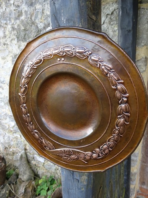 Small Arts & Crafts copper charger with garland