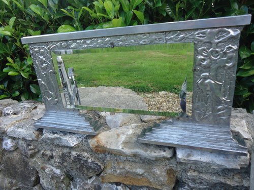 Unusual Art Deco pewter overmantle