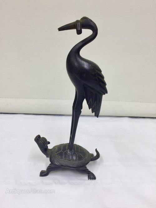 Antique Oriental Bronze Turtle with Heron