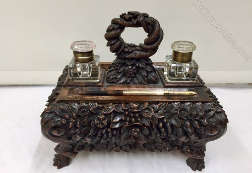 Fine Antique Anglo Indian Padouk Wood Inkstand
