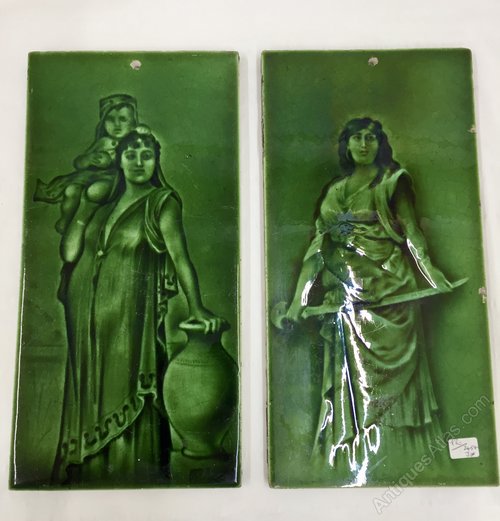 Pair Antique Art Nouveau Ceramic Tiles