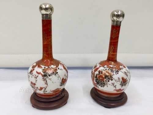 Pair Antique Kuatani Bottle Vases , Silver lids