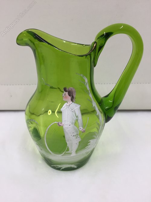 e Mary Gregory Enamelled Green Glass Jug
