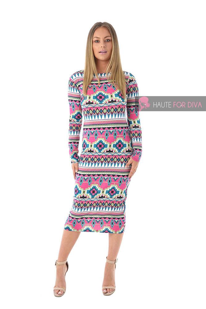 Da Donna Bodycon Fit Stampa Azteca Lungo Manica Corta Mini Abito Midi Maxi Gonna 8-22