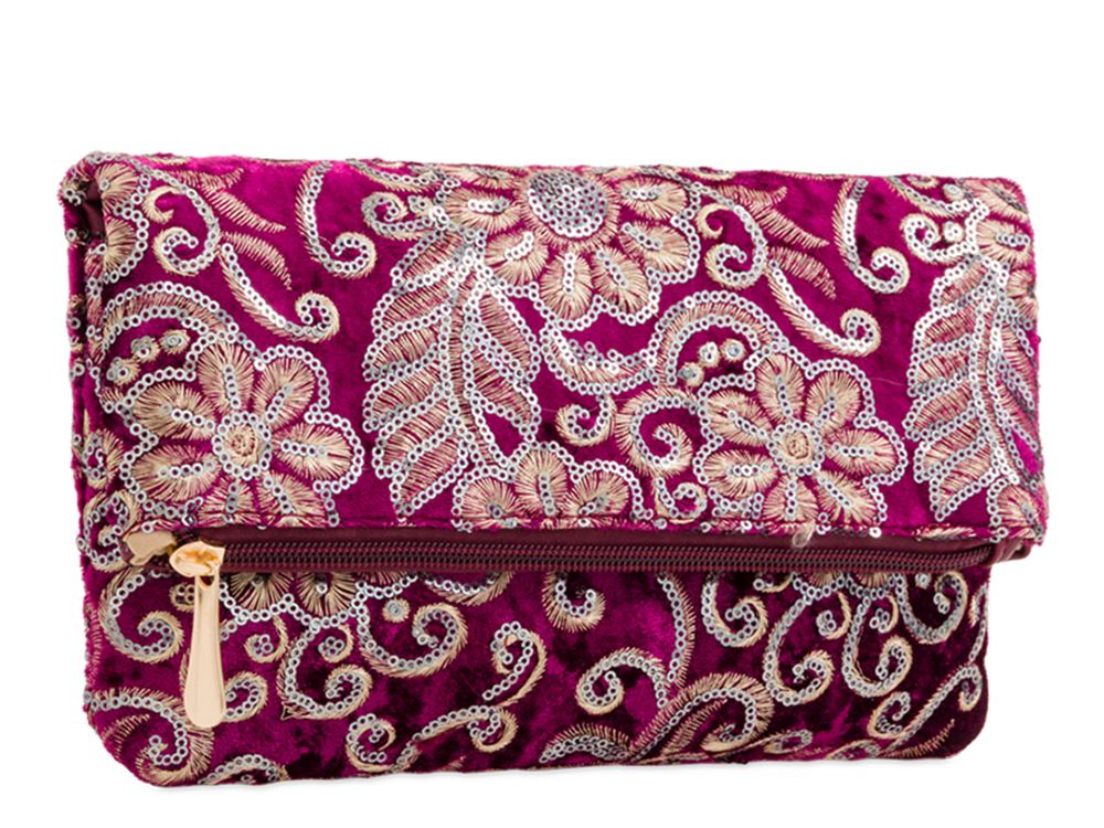 New Embroidered Velvet Ladies Folded Zipped Clutch Bag Handbag