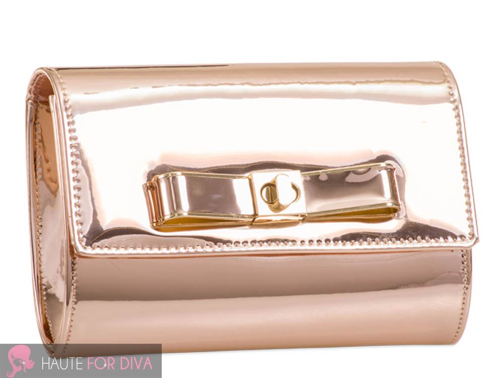 NEW WOMEN’S GOLDEN CHAIN STRAP BOW DETAIL PATENT LEATHER CLUTCH SHOULDER BAG