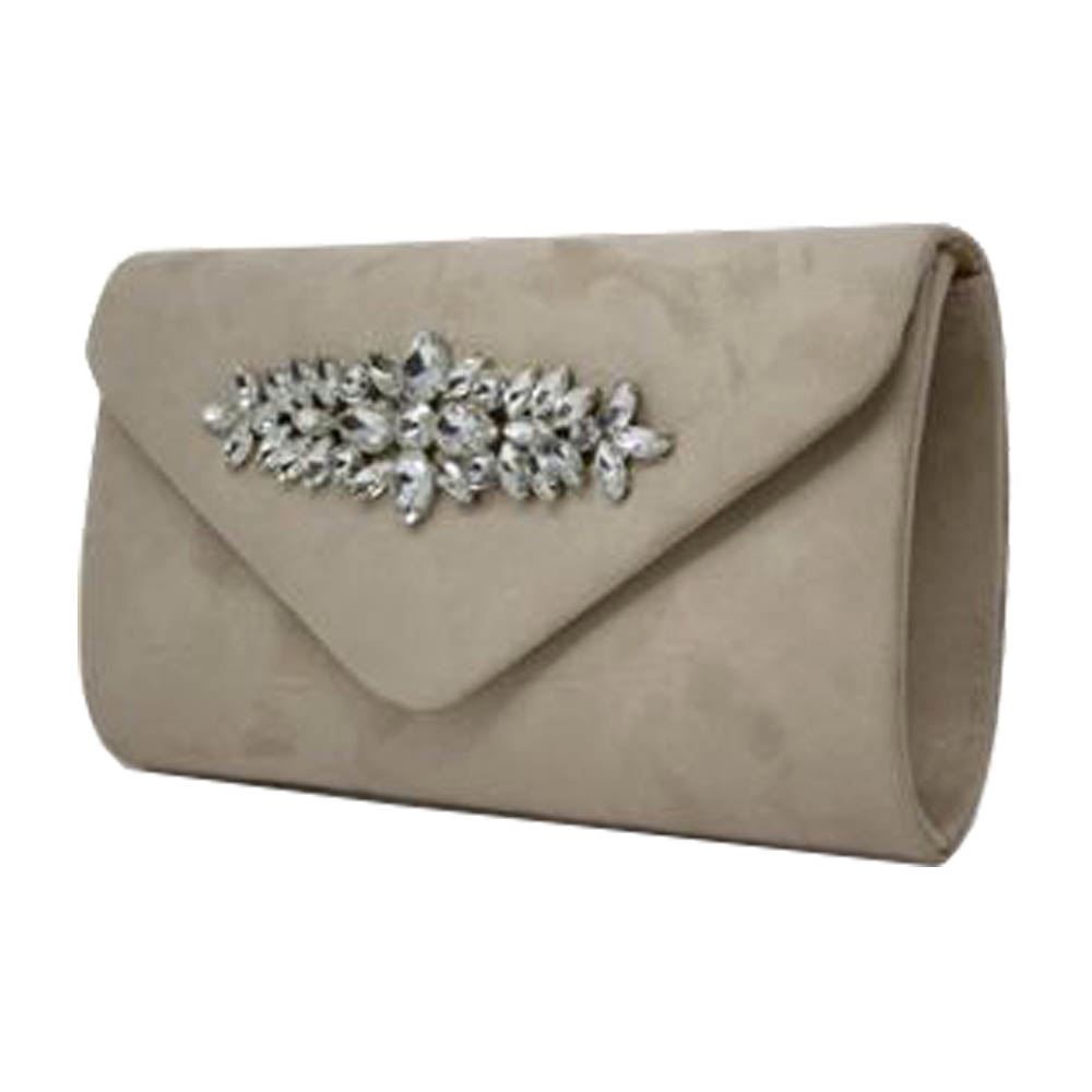 New Crystal Embellishment Faux Suede Ladies Wedding Clutch Bag Purse