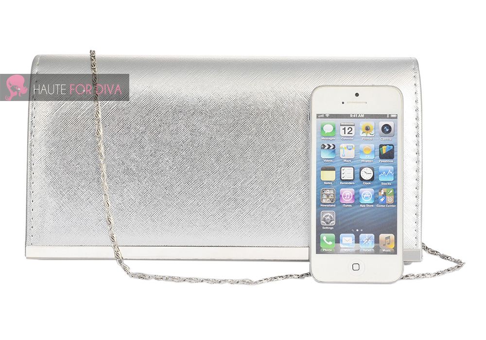 WOMEN’S NEW CHAIN STRAP METAL TRIM SHINY FAUX LEATHER PARTY CLUTCH HANDBAG