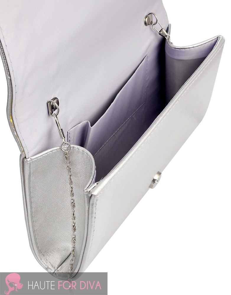 WOMEN’S NEW CHAIN STRAP METAL TRIM SHINY FAUX LEATHER PARTY CLUTCH HANDBAG